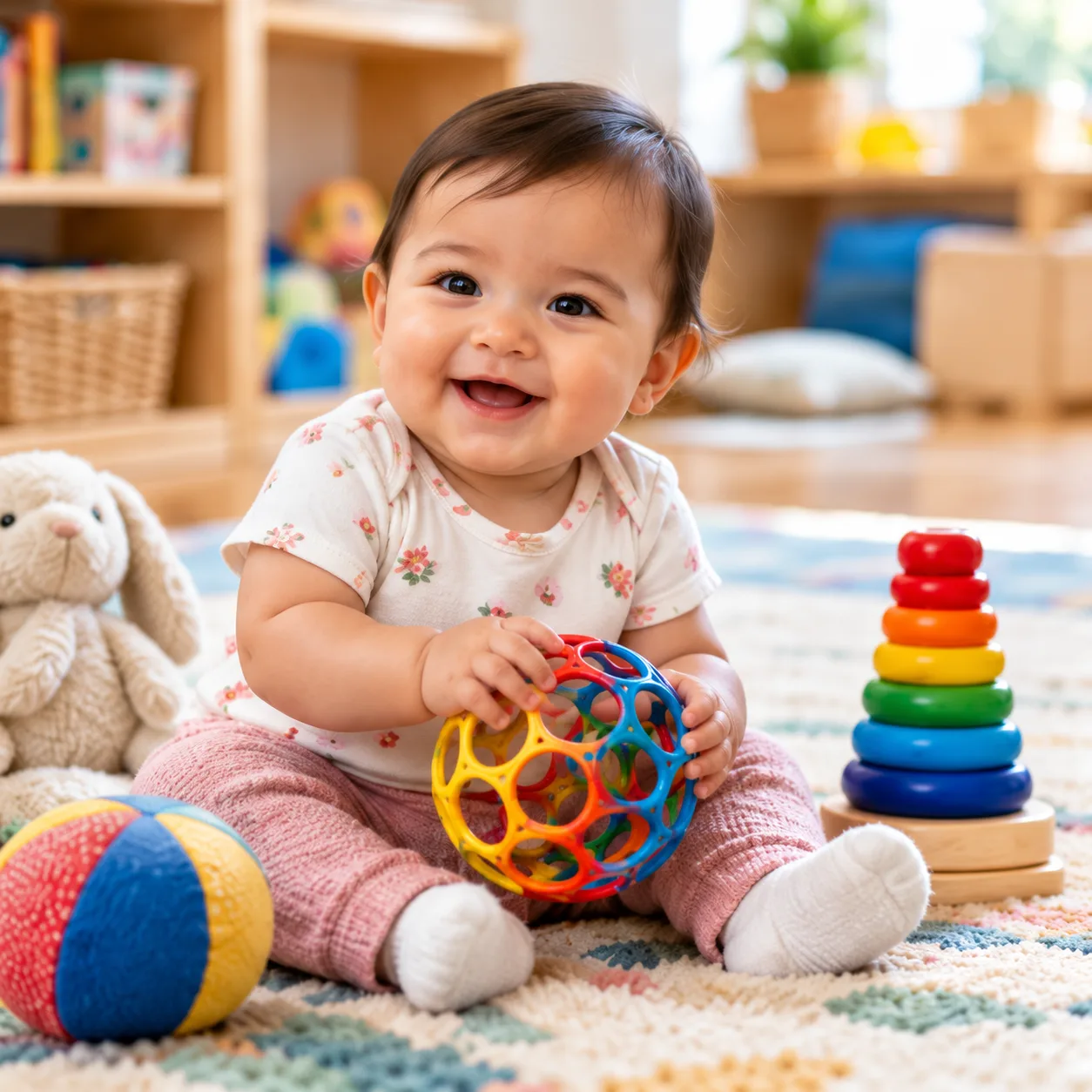 Baby exploring a colorful sensory ball